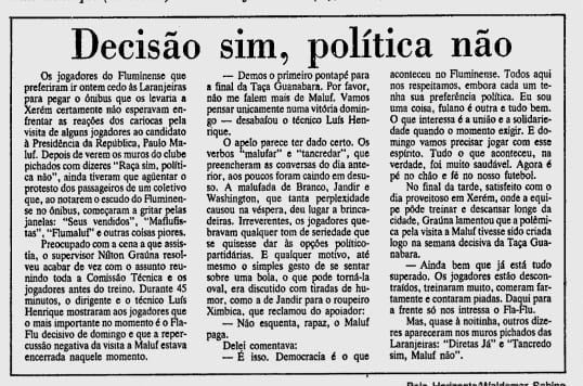 Jornal do Brasil, 20 de setembro de 1984: os jogadores do FLu se esquivavam de associações políticas (Crédito: Reprodução)