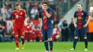 Barcelona's Lionel Messi and Andres Iniesta look dejected after Bayern Munich's third goal s