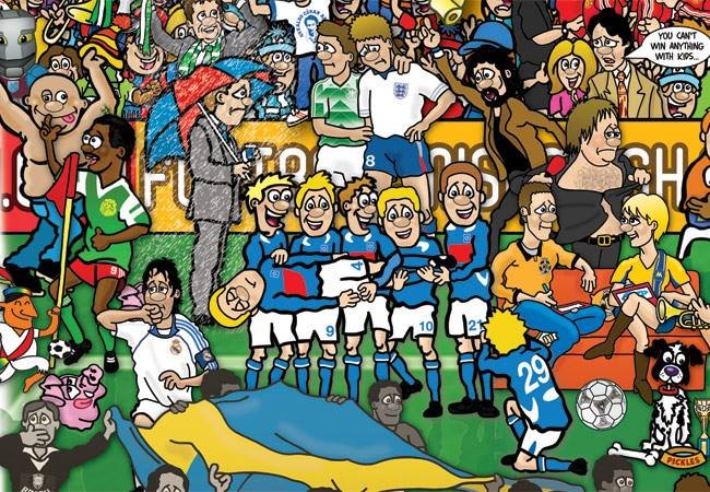 Comemoração do Stjarnan se faz presente em quadro com quase 500 fatos marcantes na história do futebol, uma famosa caricatura de 2014 do cartunista Alex Bennet